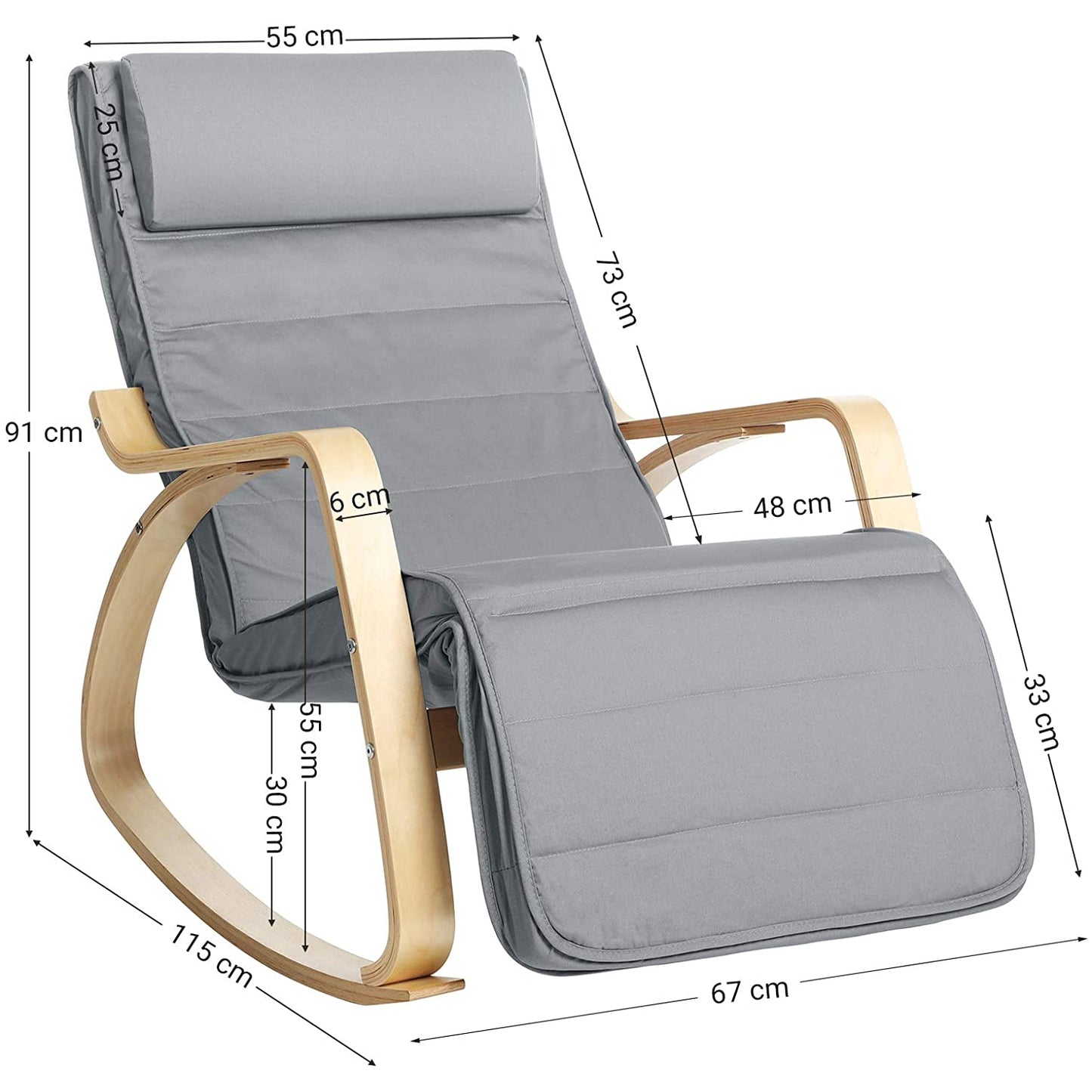 Nancy's Cantley Schommelstoel - Relaxfauteuil - Armleuningen - 5-Voudig Verstelbare Voetensteun - Berkenhout - Lichtgrijs - 67 x 115 x 91 cm