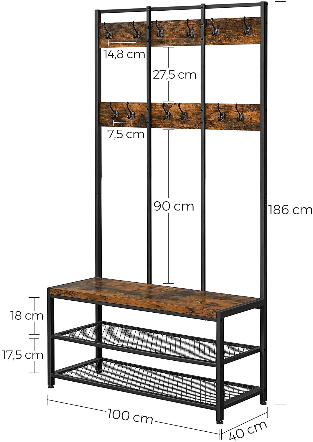 Nancy's Greenfield Kapstok - Garderoberek - 12 Haken - Schoenenrek - Vintage Bruin / Zwart - ± 100 x 40 x 185 cm