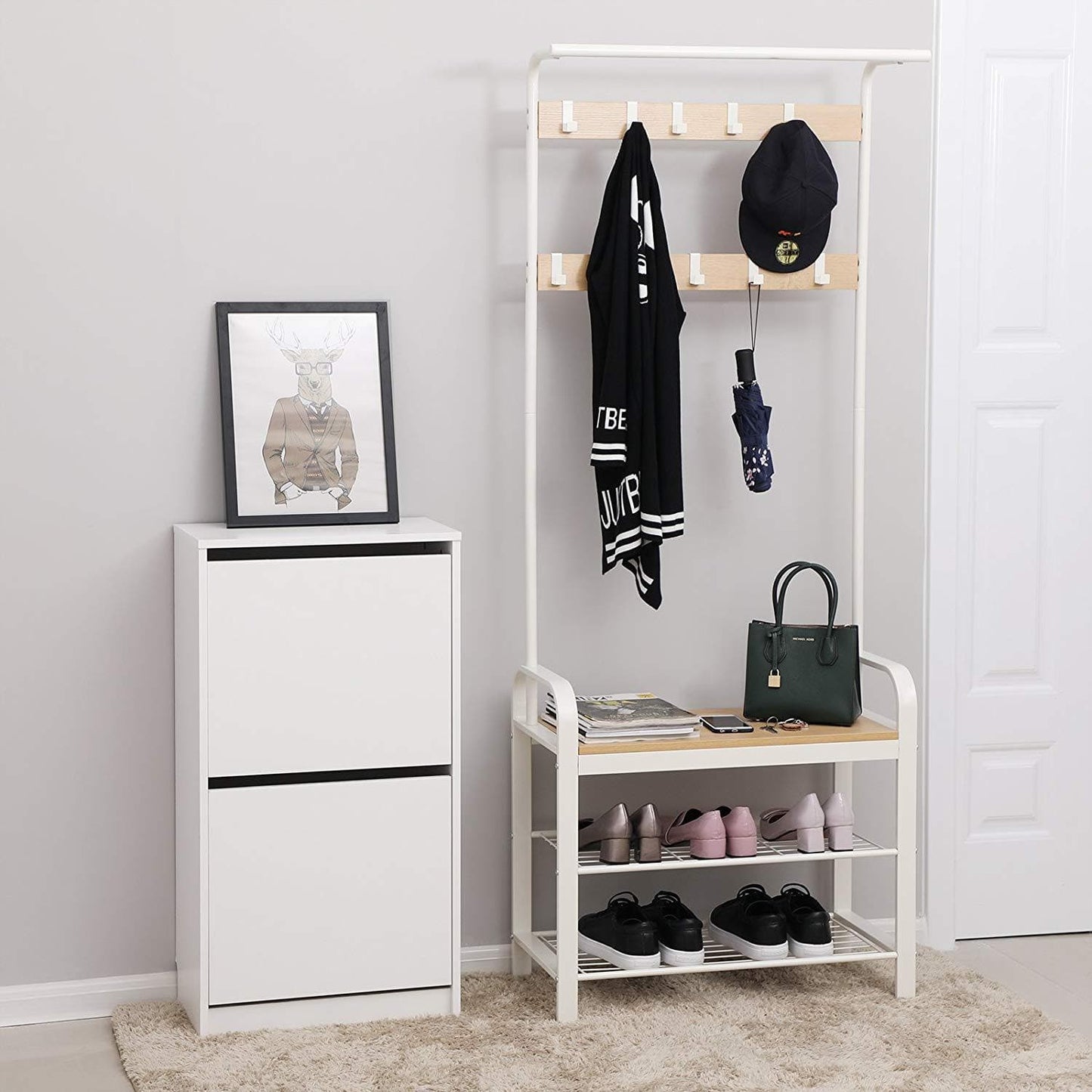 Armoire debout de Nancy avec porte-manteau - Étagère à chaussures et banc - Vintage Industriel - Porte-manteaux - Beige / Blanc - 72 x 33,7 x 183 cm