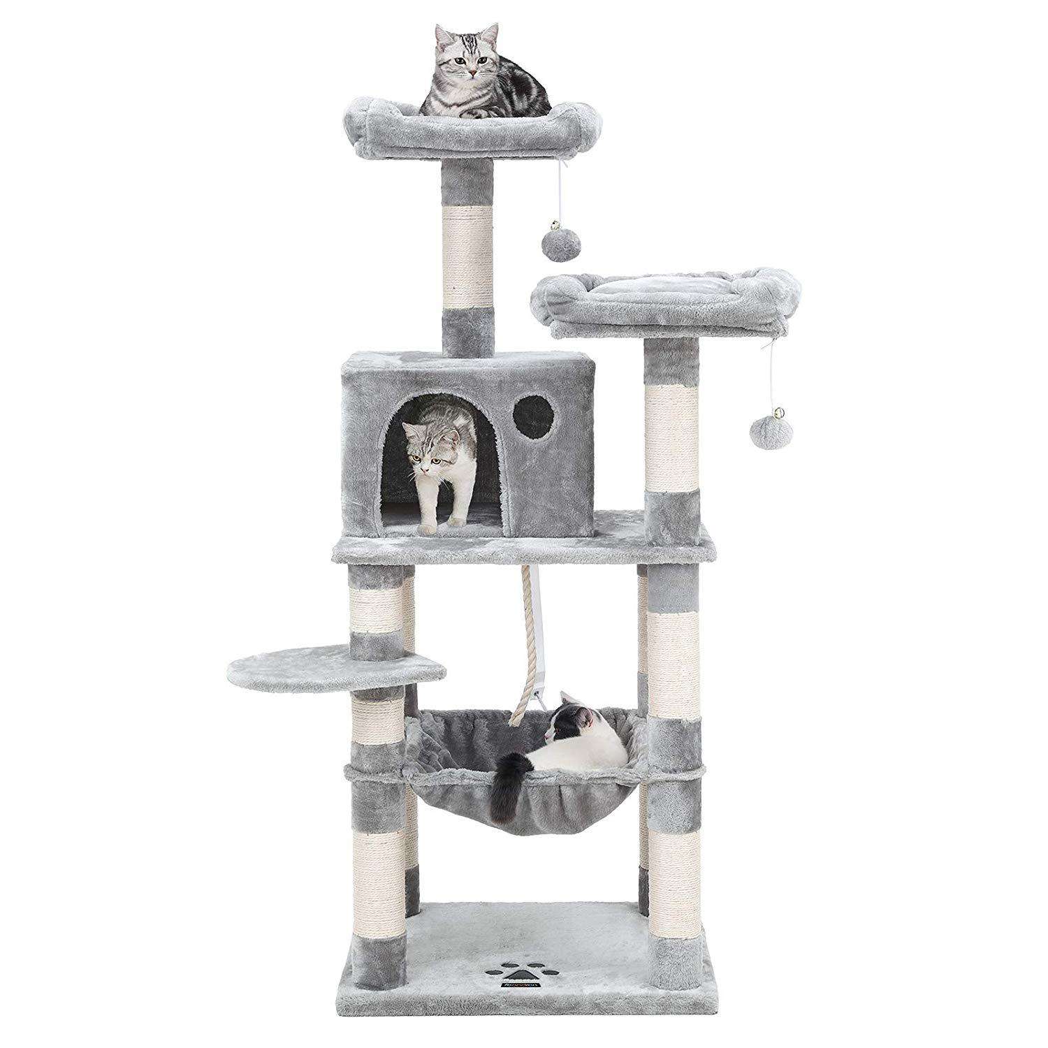 Arbre à chat Nancy's Cathlamet - Griffoir - Arbre grimpant pour chat - Tour à chat avec grotte - Gris clair - 55 x 45 x 143 cm