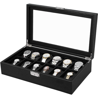 Nancy's Frank Hill Watch Box - Watch Storage - 12 Compartments - Velvet - PU - Metal Buckle - Black - 36.2 X 9 X 21.3 cm