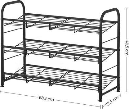 Nancy's Charland Shoe Rack - Shoe Organizer - 3 Levels - Max 12 Pairs of Shoes - Steel - Black - 68.5 x 27.5 x 49.5 cm