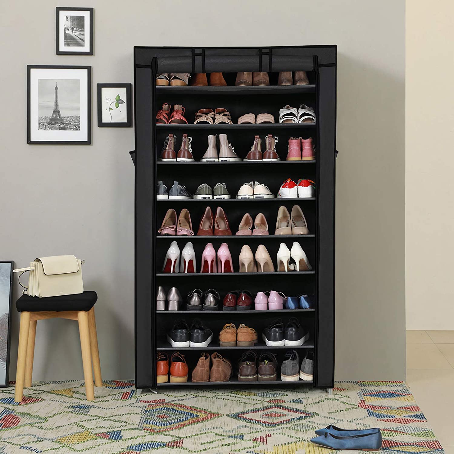 Nancy's Calhoun Shoe Rack - Shoe Cabinet - 10 Levels - Fabric - 40 Pairs of Shoes - Black - 88 x 28 x 160 cm