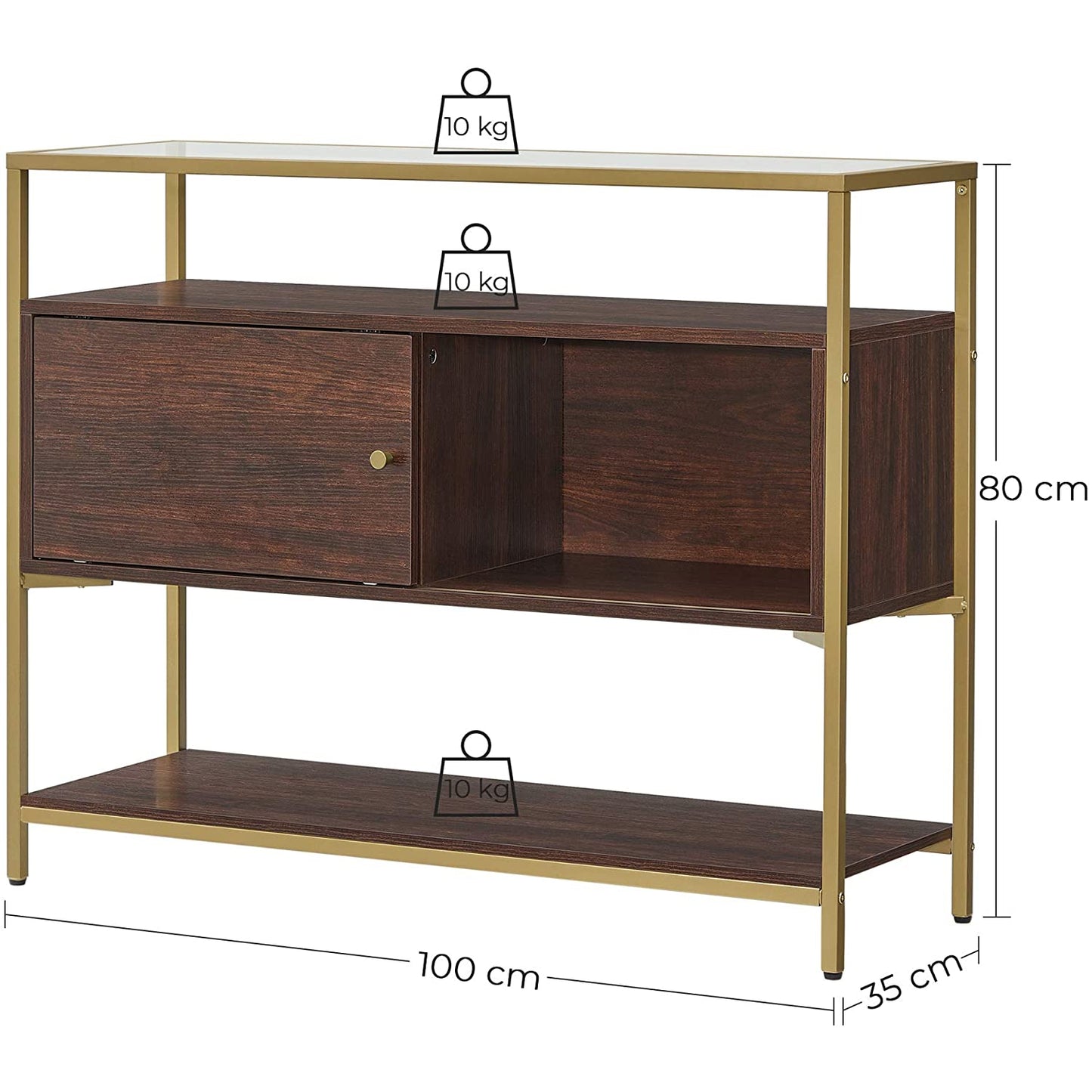 Nancy's Oviedo Dressoir - Keukenkast - Opbergkast - Schuifdeur - Bijzettafel - Gehard Glas - Bewerkt Hout - Bruin - Goud - 100 x 35 x 80 cm