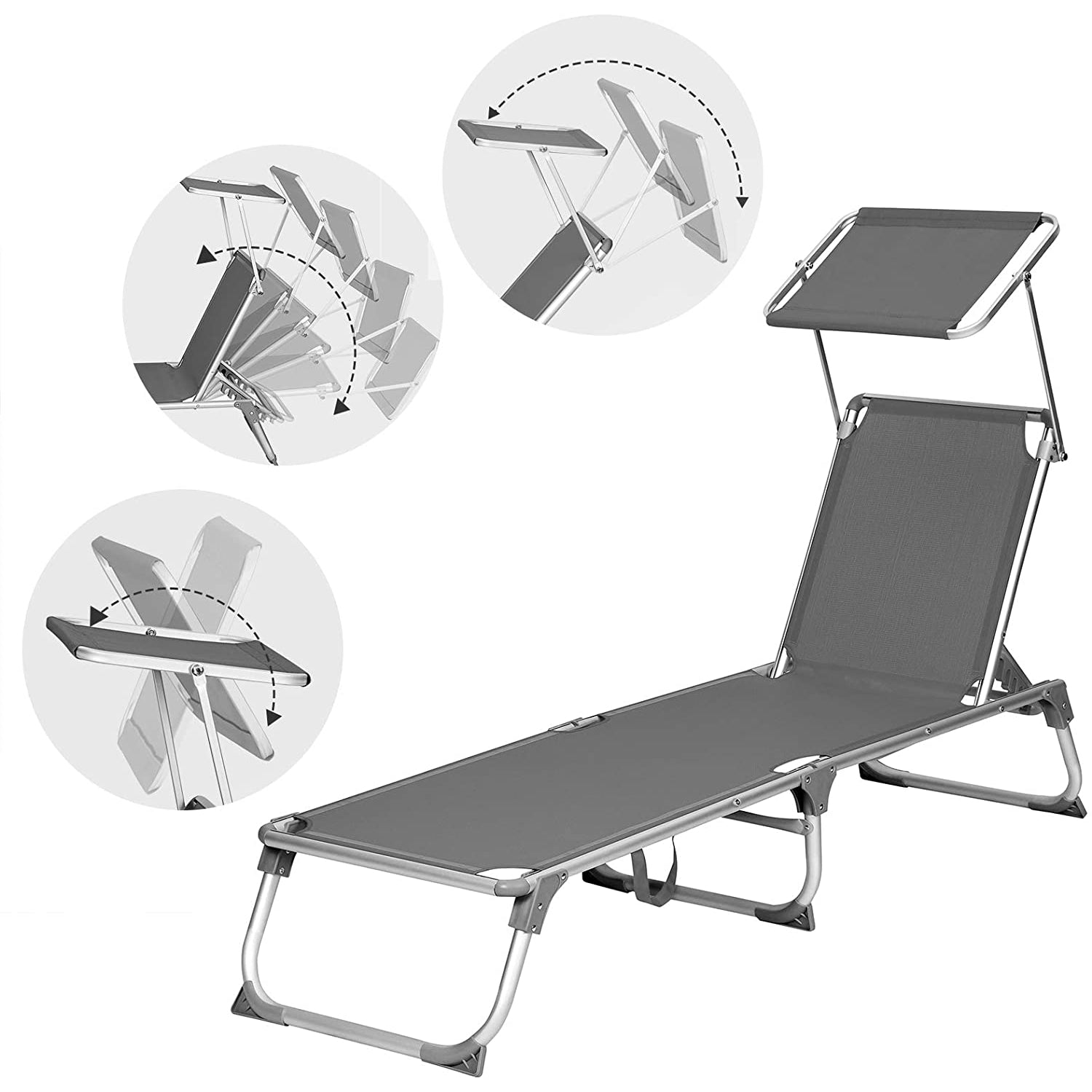 Nancy's Goulds Ligstoel - Zonnedak. - Strandbed - Rugleuning Verstelbaar - Antraciet - 55 x 193 x 31 cm