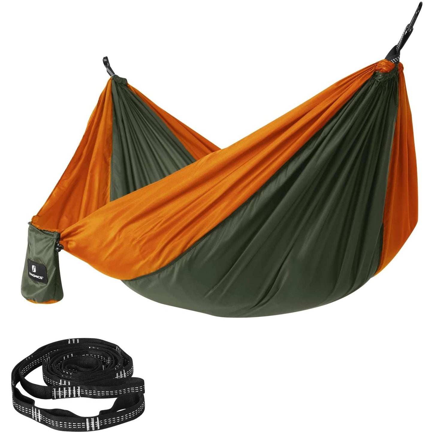 Nancy's Fortescue Hangmat - Twee Personen - Nylon - Legergroen - Oranje - Zak - Lichtgewicht - 275 x 140 cm