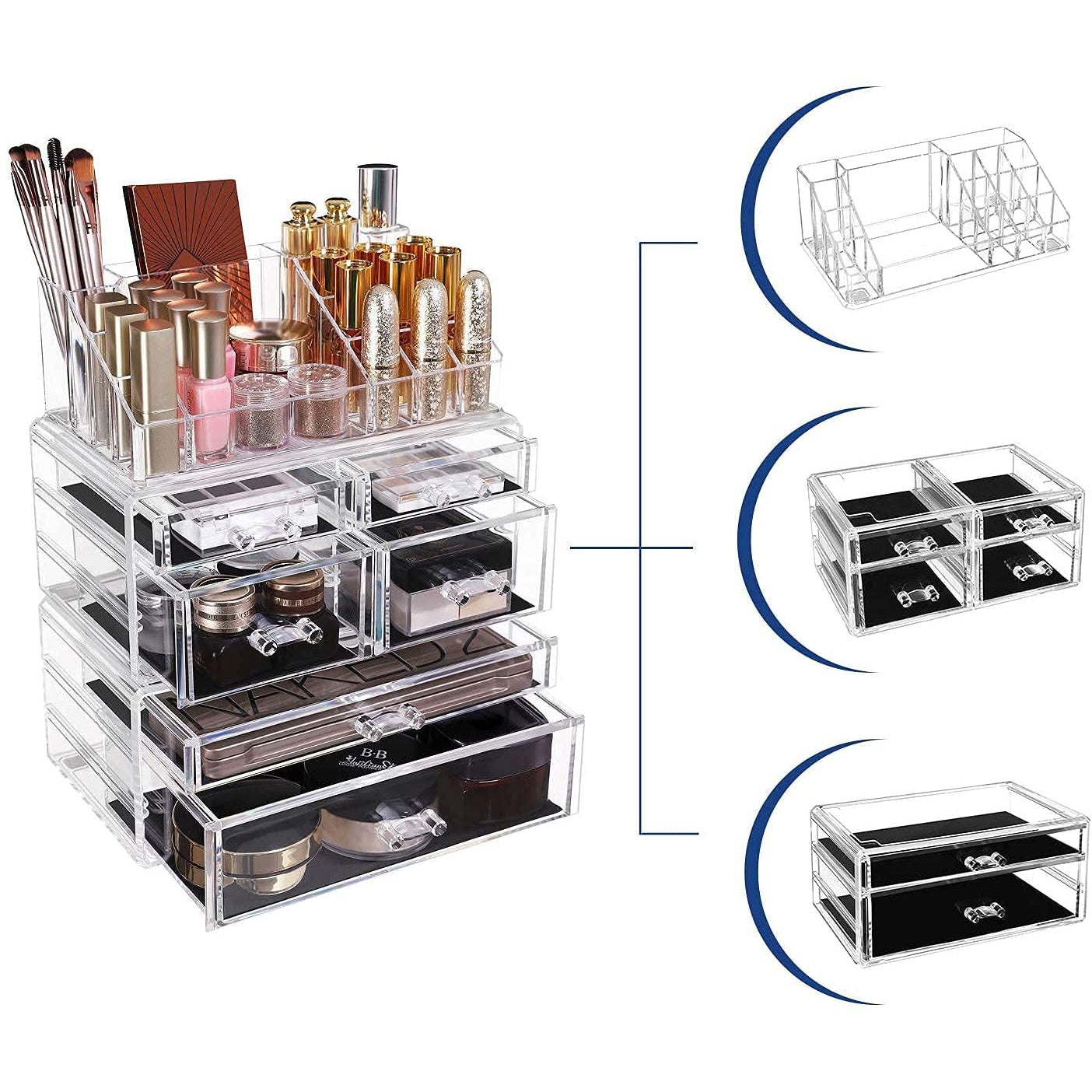 Rangement maquillage Nancy's Bushy Lake - Organisateur de cosmétiques - Boîte de maquillage - Acrylique - 2 parties - 6 tiroirs - Transparent/Blanc - 24 x 30 x 13,5 cm