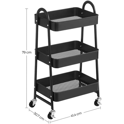 Nancy's Belvidere Keukentrolley - Keukenwagen - Serveerwagen - 3 Niveaus - 2 Remmen - Handgrepen - Metaal - Zwart