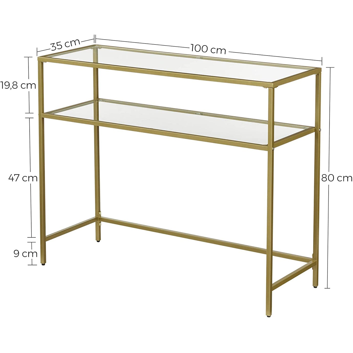 Table console Nancy's Goldfield - Table d'appoint - 2 niveaux - Verre trempé - Structure en métal - Pieds réglables - Or - 100 x 35 x 80 cm