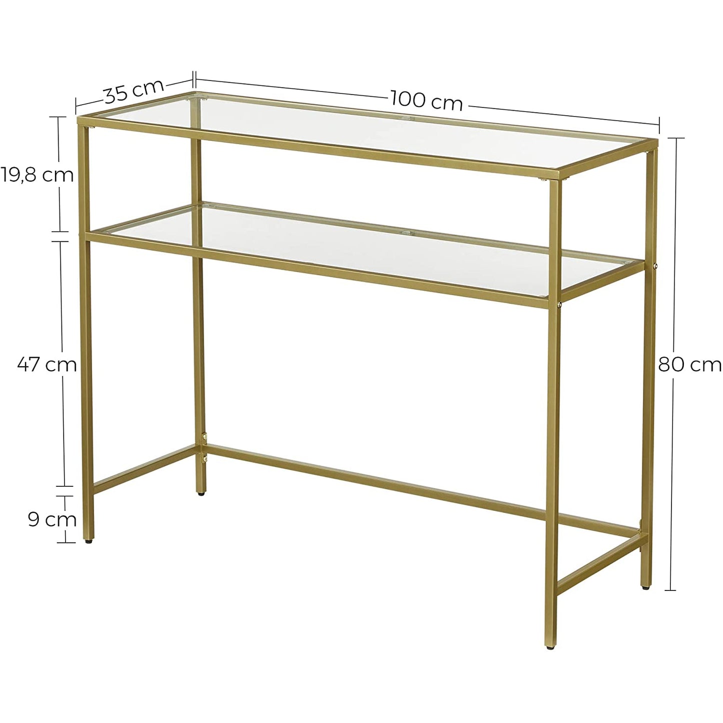 Nancy's Goldfield Console Tafel - Bijzettafel - 2 Niveaus - Gehard Glas - Metalen Frame - Verstelbare Poten - Goud - 35 x 100 x 80 cm