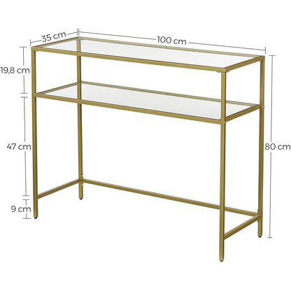 Nancy's Goldfield Console Tafel - Bijzettafel - 2 Niveaus - Gehard Glas - Metalen Frame - Verstelbare Poten - Goud - 100 x 35 x 80 cm