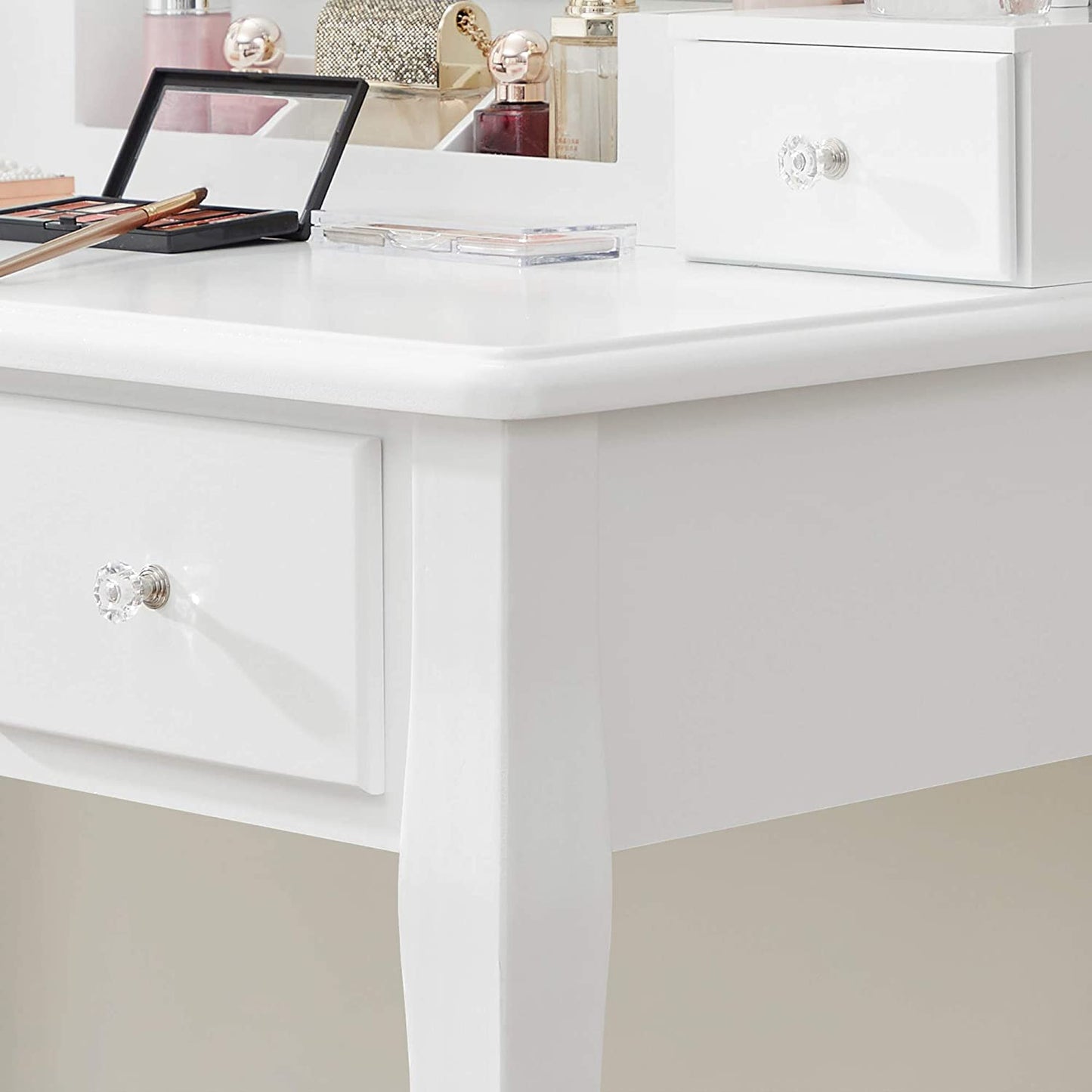 Nancy's Gonthier Kaptafelset - Make-Up Tafel - Krukje - Spiegel - Verlichting - Opbergbox - 6 Vakken - 5 Lades - Wit - Bewerkt Hout - 80 x 40 x 139 cm