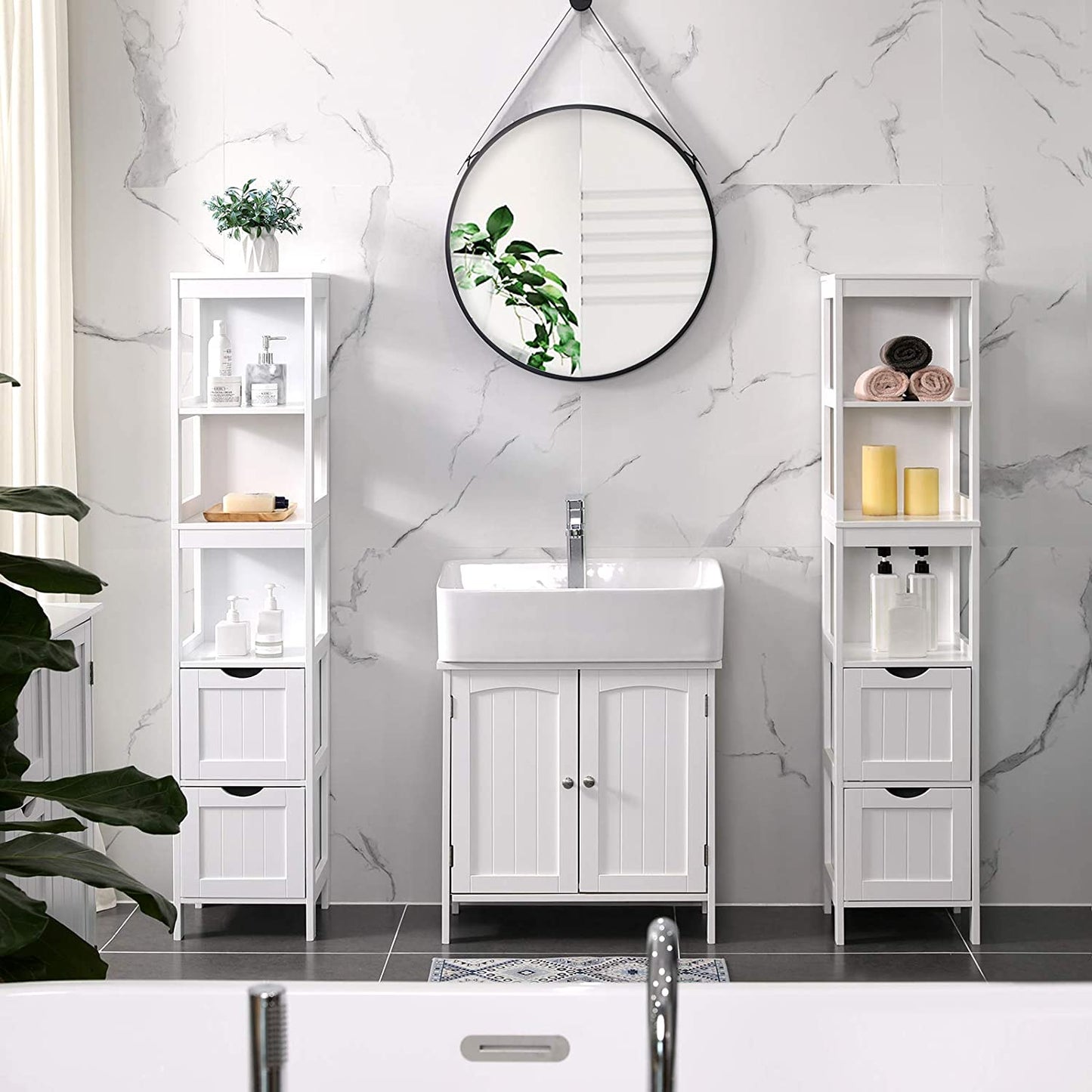 Armoire de rangement Nancy's Blanding - Armoire de salle de bain - 2 tiroirs - 3 compartiments ouverts - 30 x 30 x 141,5 cm - Blanc 