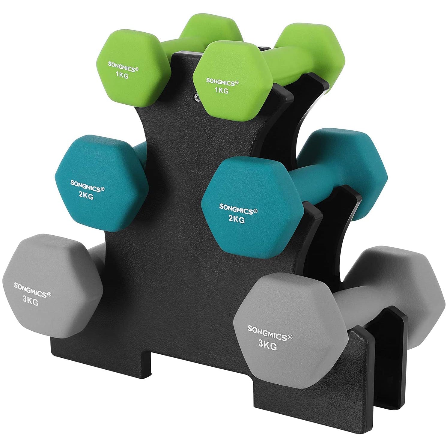 Nancy's Dumbells Set - Dumbbells - Hexagon - Dumbbell rack - 1 kg - 2 kg - 3 kg - Strength training - Lime green - Aquamarine - Light gray 