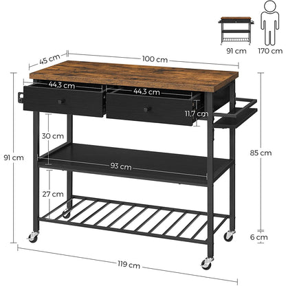 Nancy's Butlerville Keukentrolley - 2 Lades - Keukenwagen - Keukeneiland - Handdoekhouder - Bruin - Zwart - 119 x 45 x 91 cm