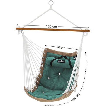 Nancy's Forward Hangstoel - Kussen - Apenschommel - Bamboestok - Groen - Kaki - Linnen - 70 x 120 cm