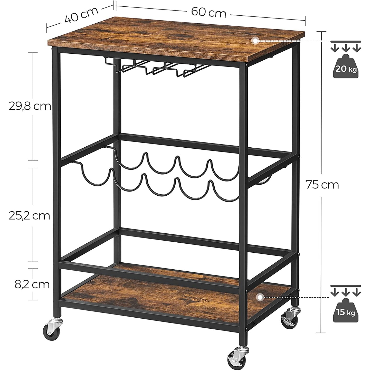 Nancy's Beecher Keukentrolley - Serveerwagen - Barwagen - Op Wieltjes - Flessenrek - Glazenhouders - Bruin - Zwart - Bewerkt Hout - Metaal - 60 x 40 x 75 cm