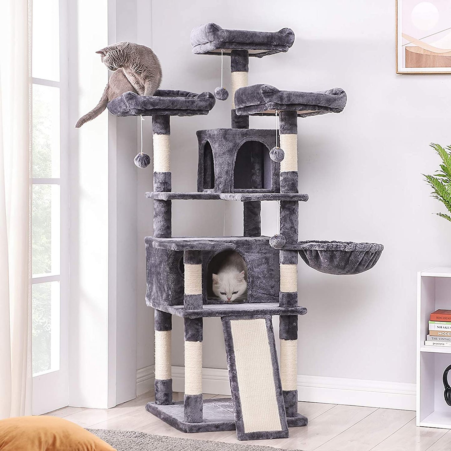 Nancy's Coppett Kattenboom - Krabpaal - 6 Niveaus - Hangmat - Grot - Rookgrijs - 54 x 50 x 168 cm
