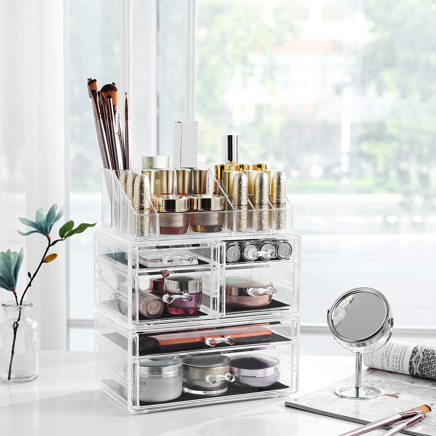 Nancy's Bushy Lake Make-Up Opslag - Cosmetica Organizer - Make-Up Doos - Acryl - 2 Delen - 6 Lades - Transparant/Wit - 24 x 30 x 13,5 cm