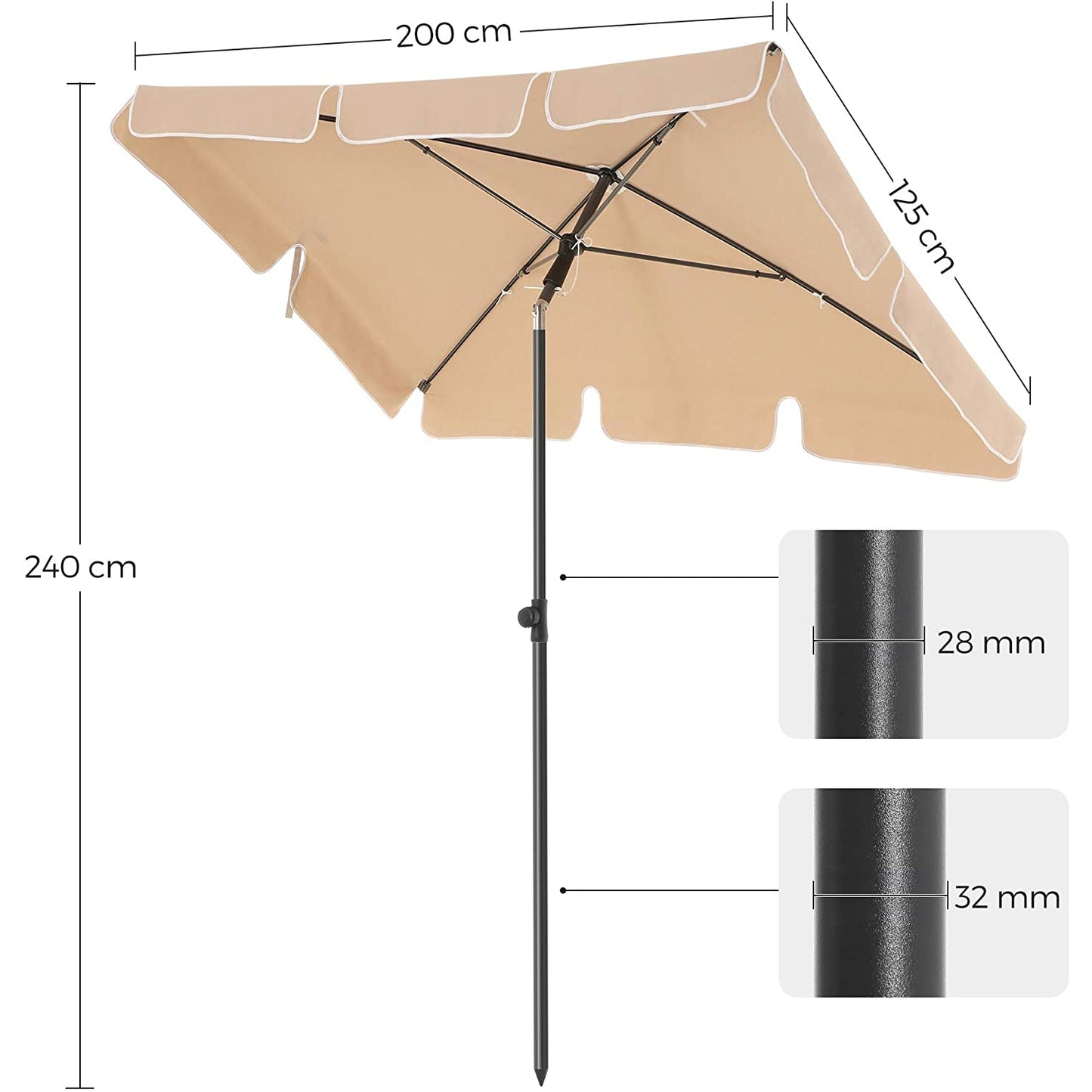 Nancy's Buck Point Parasol - Rechthoekig - Tuinparasol - Draagtas - Statief - Taupe - 200x 125 cm
