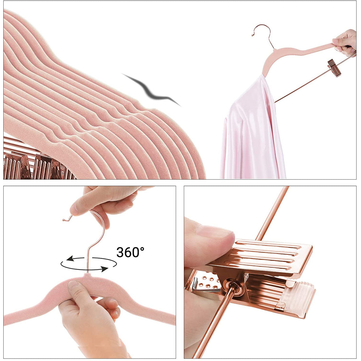 Nancy's Fluwelen Kledinghangers- Set van 24- 42.5 cm - Broekhanger - Kleerhanger - Verstelbare Clips - Roségoud - Lichtroze - Anti-Slip