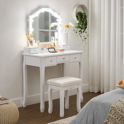 Nancy's Gonthier Kaptafelset - Make-Up Tafel - Krukje - Spiegel - Verlichting - Opbergbox - 6 Vakken - 5 Lades - Wit - Bewerkt Hout - 80 x 40 x 139 cm