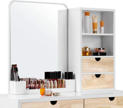 Nancy's Goobies Kaptafel - Cosmeticatafel - 4 Lades - 2 Open Vakken - Spiegel - Kruk - Modern - Wit - Beige - MDF - Rubberhout - 90 x 40 x 137,5 cm