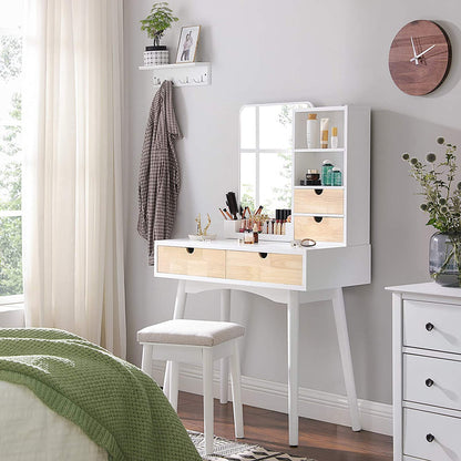 Nancy's Goobies Kaptafel - Cosmeticatafel - 4 Lades - 2 Open Vakken - Spiegel - Kruk - Modern - Wit - Beige - MDF - Rubberhout - 90 x 40 x 137,5 cm