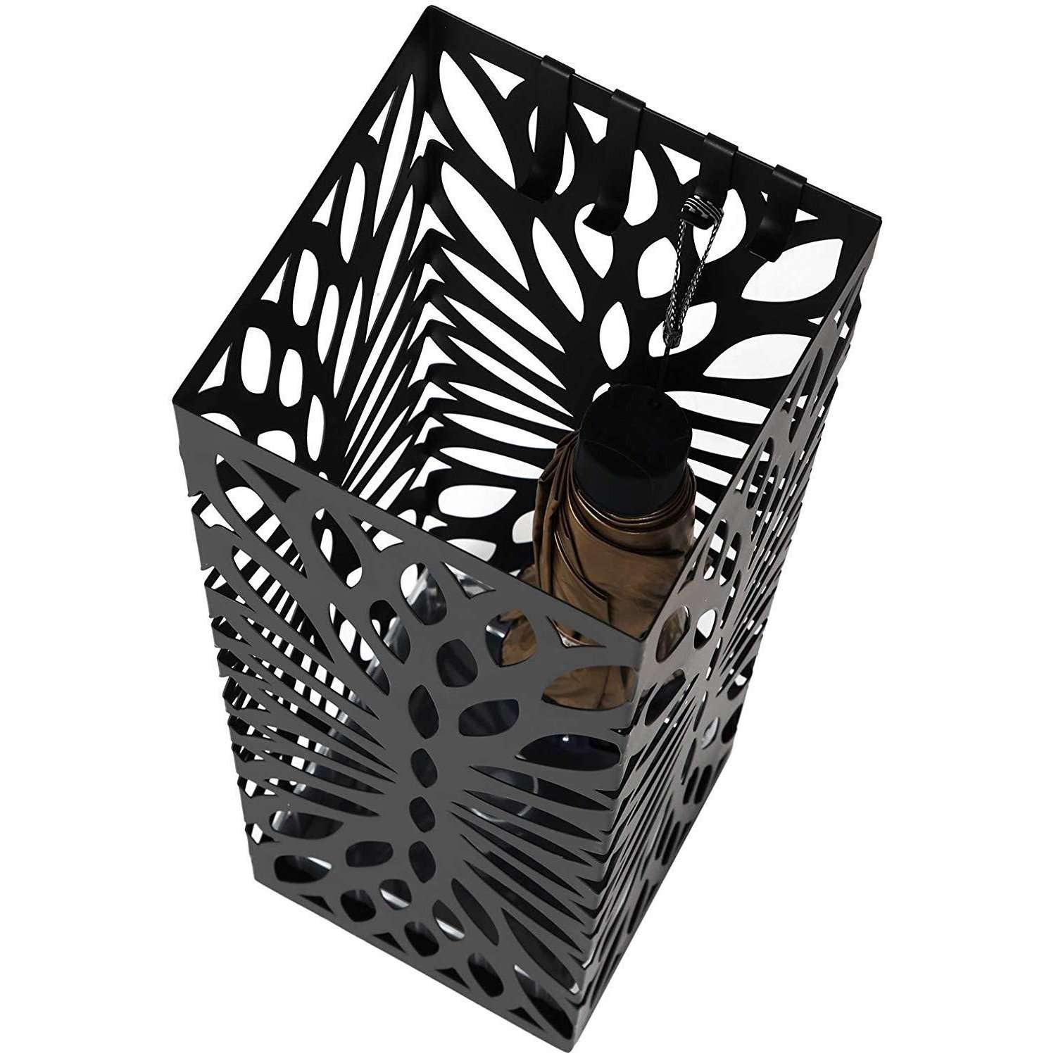 Nancy's Metalen Design Paraplubak met Lekbak - Paraplustandaard - Paraplumand - Wandelstok Houder - Paraplu Bak - Vierkant - Afm. 49 x 15.5 x 15.5 cm