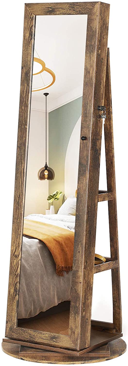 Nancy's Colpitts Jewelry Mirror - 360 Rotatable - Lockable - Shelves - Multifunctional - Vintage - Brown - 54 x 54 x 161 cm