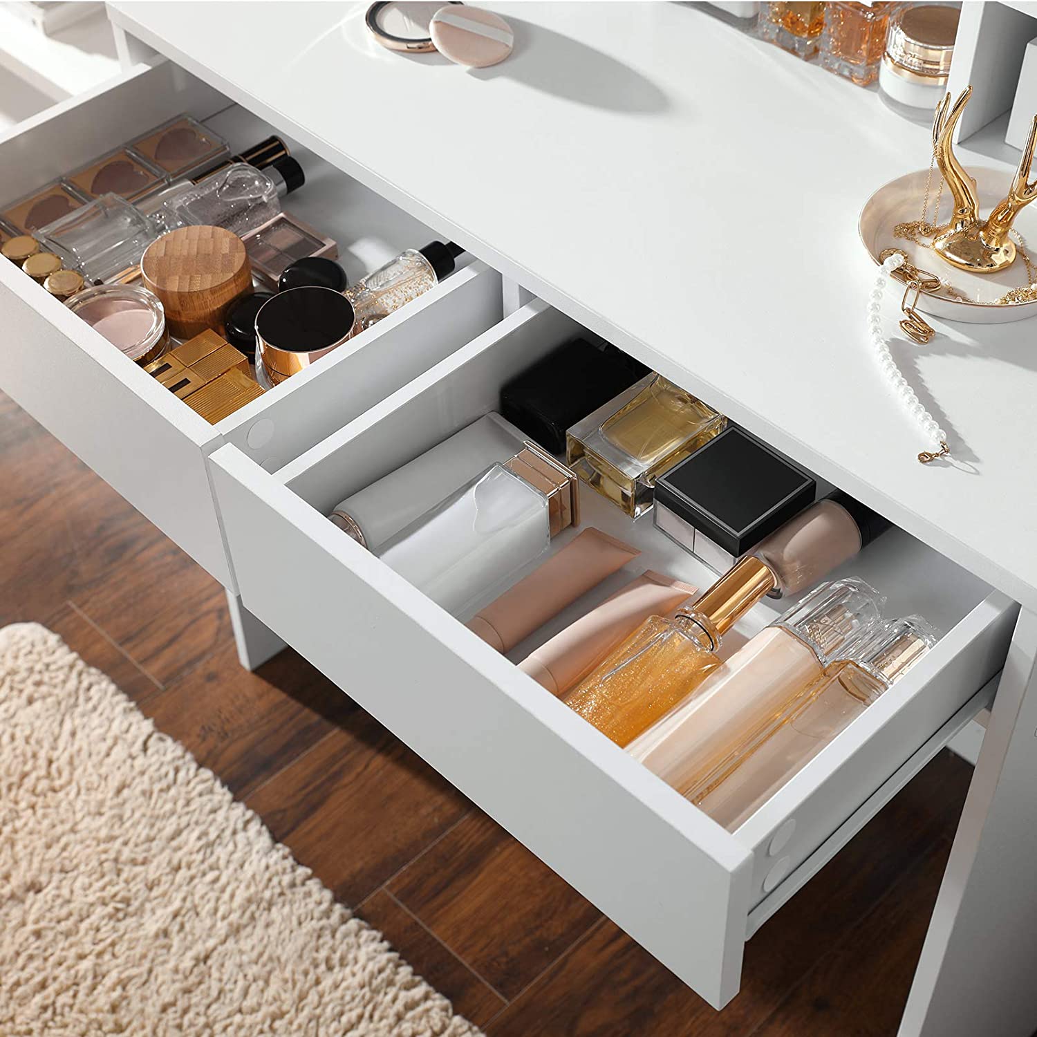 Nancy's Goldstone Kaptafel - Cosmeticatafel - Make-up Tafel - Spiegel - Verlichting - Wit - 80 x 40 x 145 cm