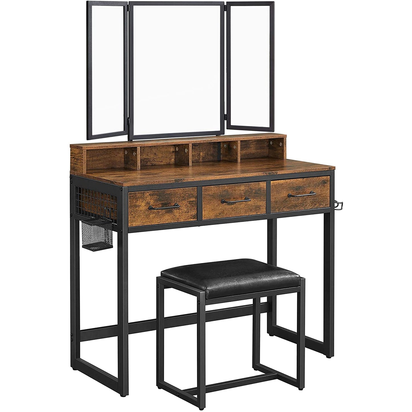 Coiffeuse Kelly de Nancy - Ensemble - Table de maquillage - 3 pièces - Miroir pliant - Support pour sèche-cheveux - Table cosmétique - Tabouret rembourré - 3 tiroirs - Industriel - Marron - Noir