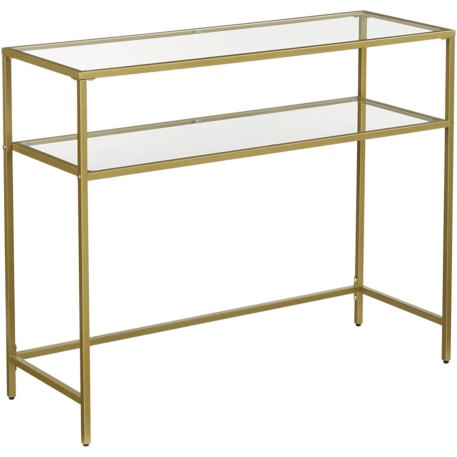 Table console Nancy's Goldfield - Table d'appoint - 2 niveaux - Verre trempé - Structure en métal - Pieds réglables - Or - 35 x 100 x 80 cm