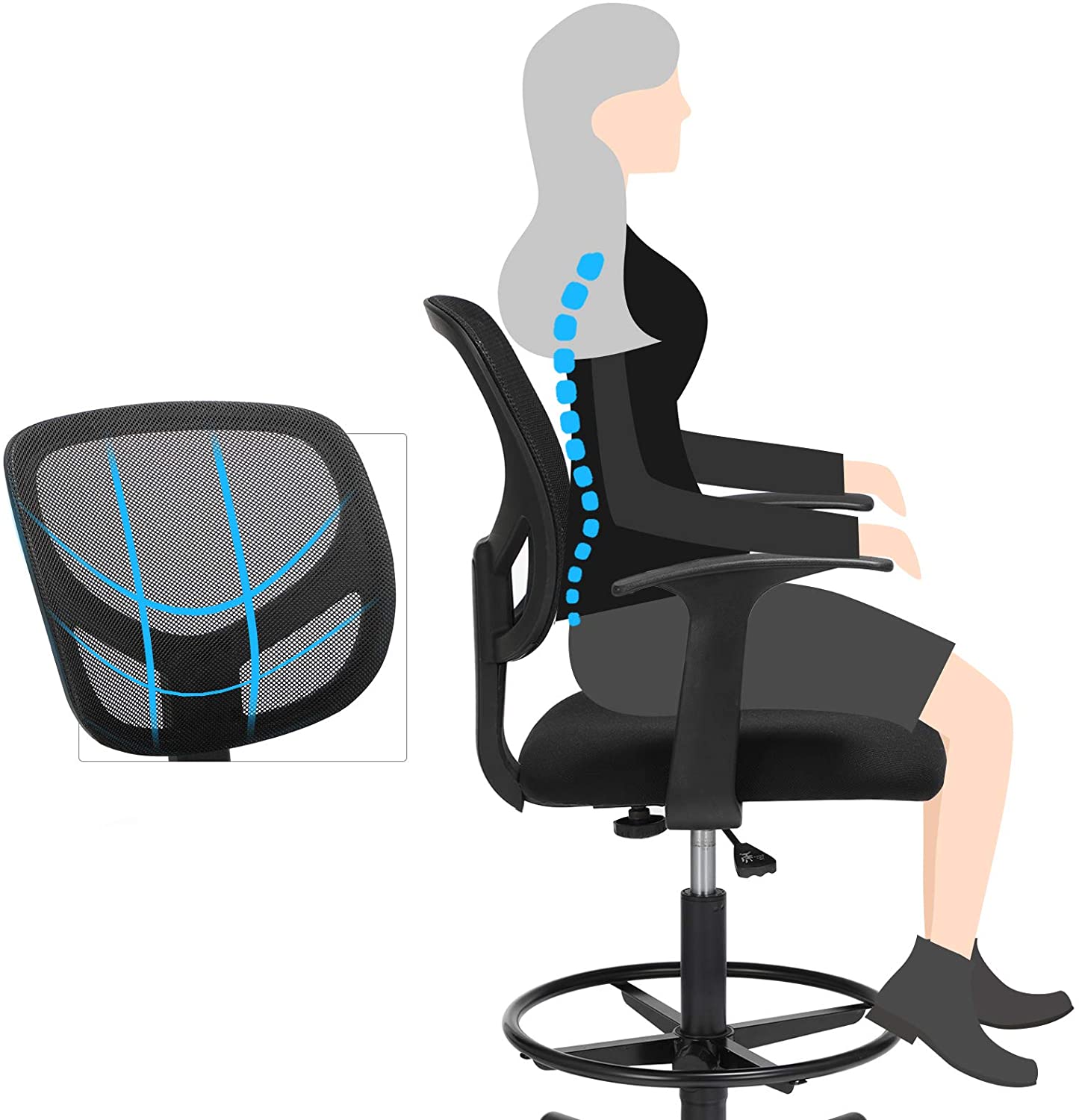 Nancy's Haypook Office chair - Swivel chair - Work stool - Ergonomic - Armrests - Height adjustable - Footrest - Black - Plastic - Fabric - 64 x 64 x 97-117 cm 