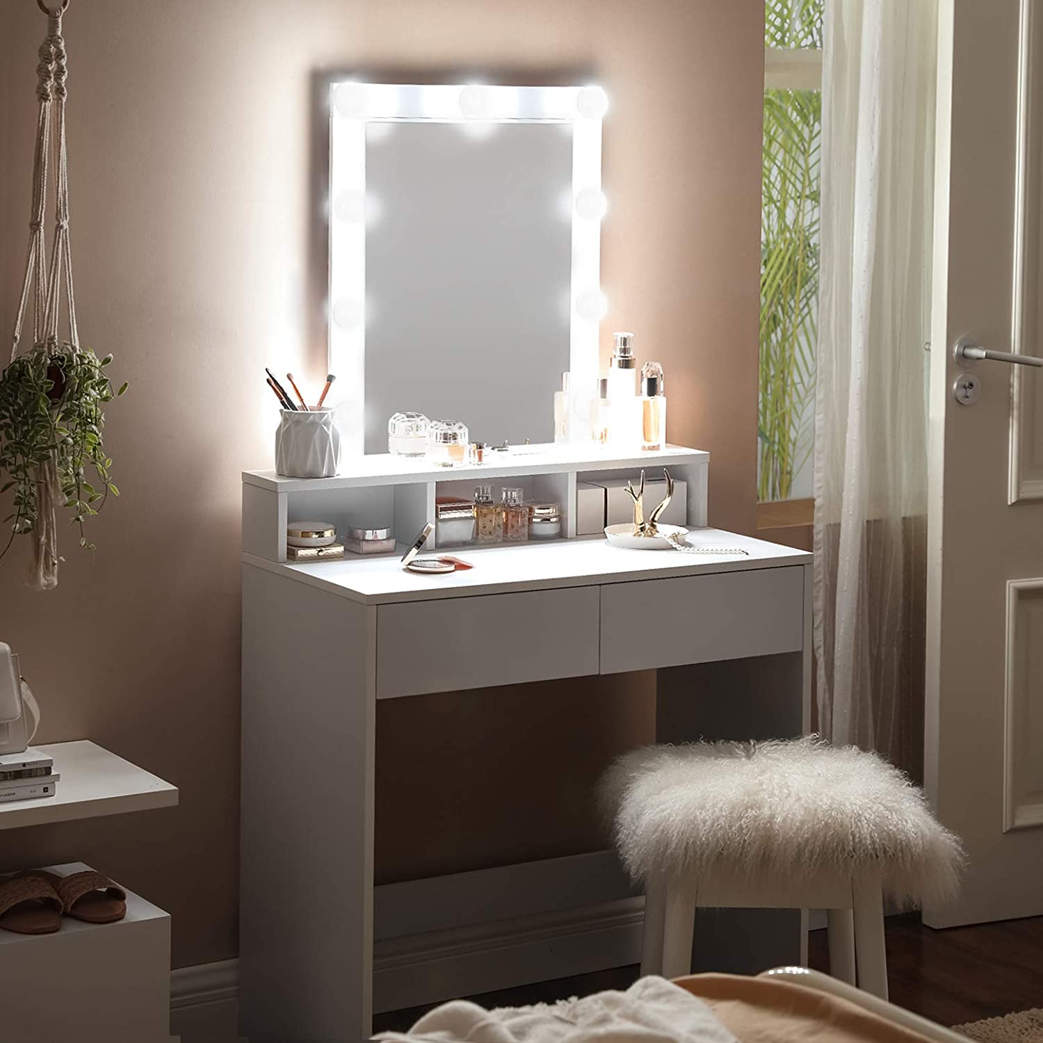 Nancy's Goldstone Dressing Table - Cosmetics Table - Mirror - Lighting - 2 Drawers - Open Compartments - White - Engineered Wood - 80 x 40 x 145 cm