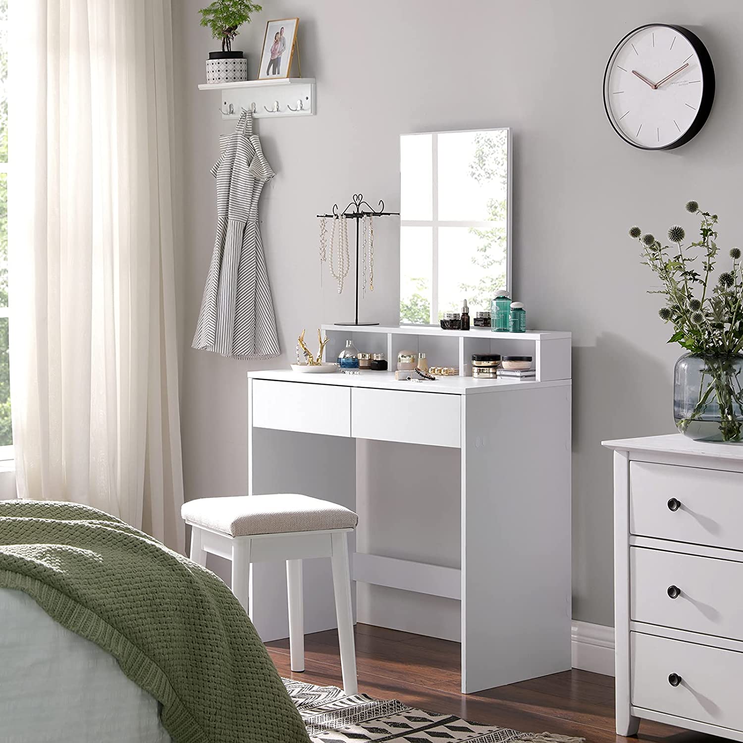 Nancy's Caccile Dressing Table - Comestica Table - Make-Up Table - 2 Drawers - Mirror - Open Compartments - Engineered Wood - White - 80 x 40 x 140 cm