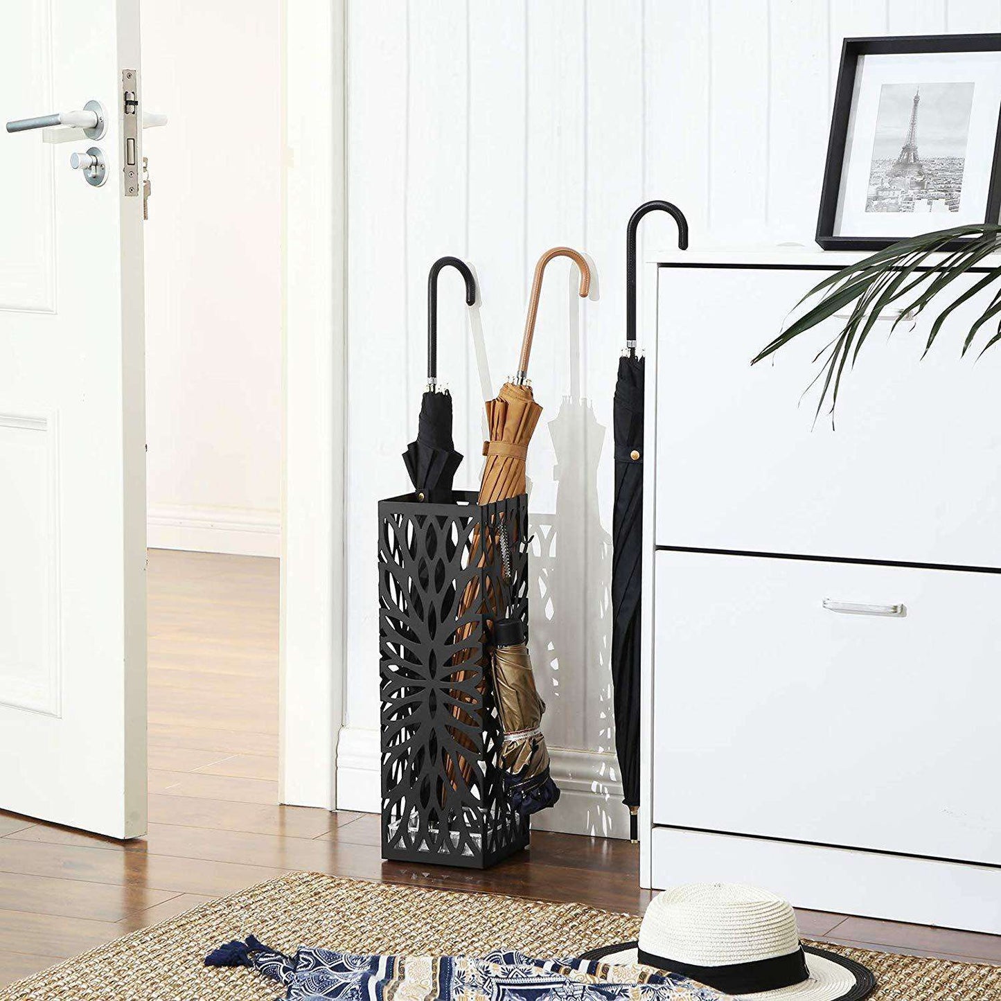 Nancy's Metalen Design Paraplubak met Lekbak - Paraplustandaard - Paraplumand - Wandelstok Houder - Paraplu Bak - Vierkant - Afm. 49 x 15.5 x 15.5 cm