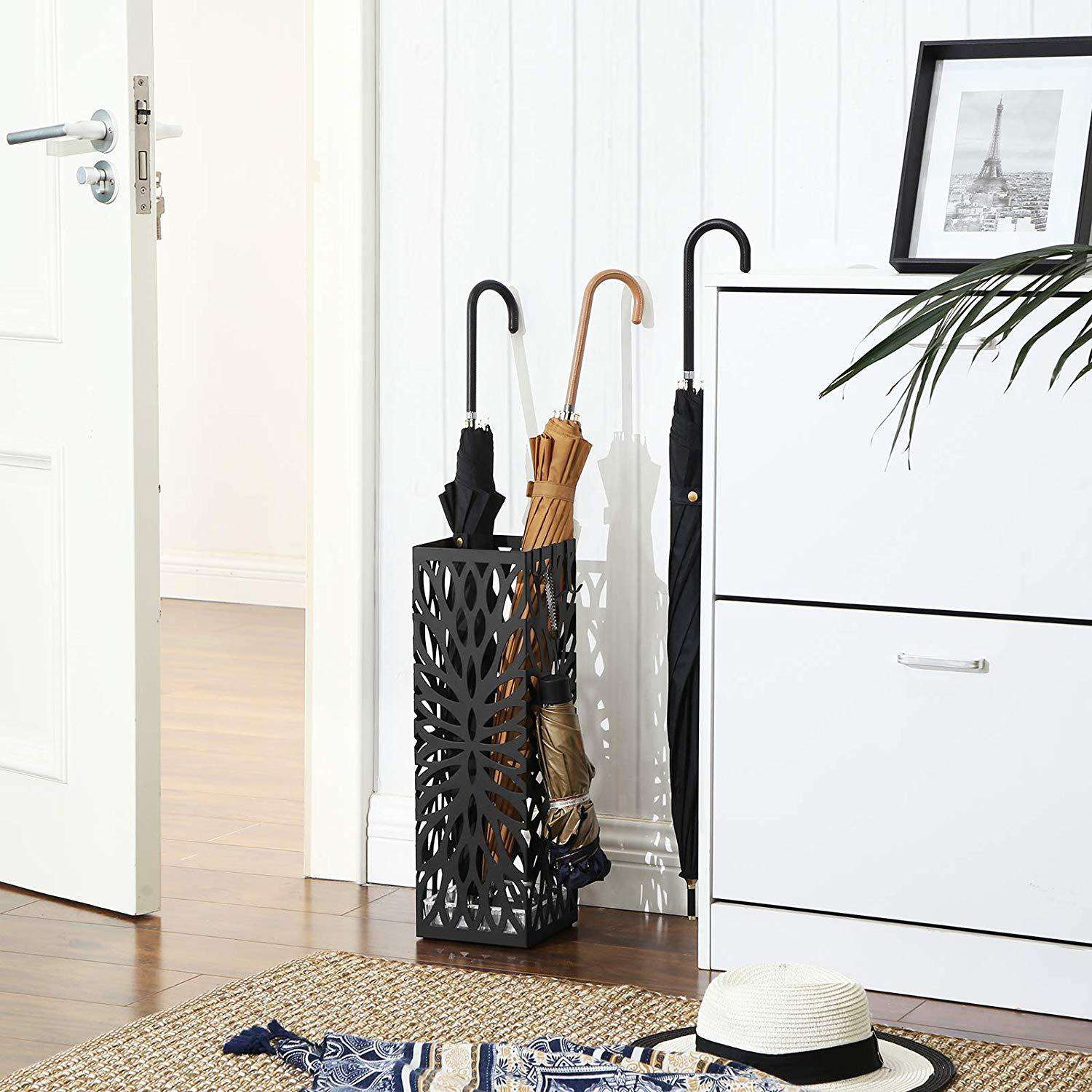 Nancy's Metalen Design Paraplubak met Lekbak - Paraplustandaard - Paraplumand - Wandelstok Houder - Paraplu Bak - Vierkant - Afm. 49 x 15.5 x 15.5 cm