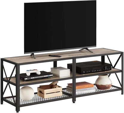 Nancy's Hawkshaw TV Meubel - TV Kast - Lowboard - Opbergruimte - Open Vakken - Tot 60/70 Inch - Staal - Bewerkt Hout - Natuurlijk - Grijs - 140/60 x 39,2 x 50 cm