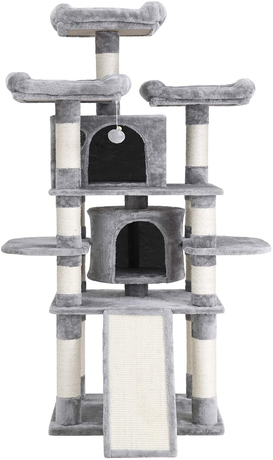 Arbre à chat Nancy's Cheddar - Griffoir - Grotte à chat - 6 niveaux - Gris - Beige - Bois d'ingénierie - Sisal - Peluche - 60 x 55 x 172 cm