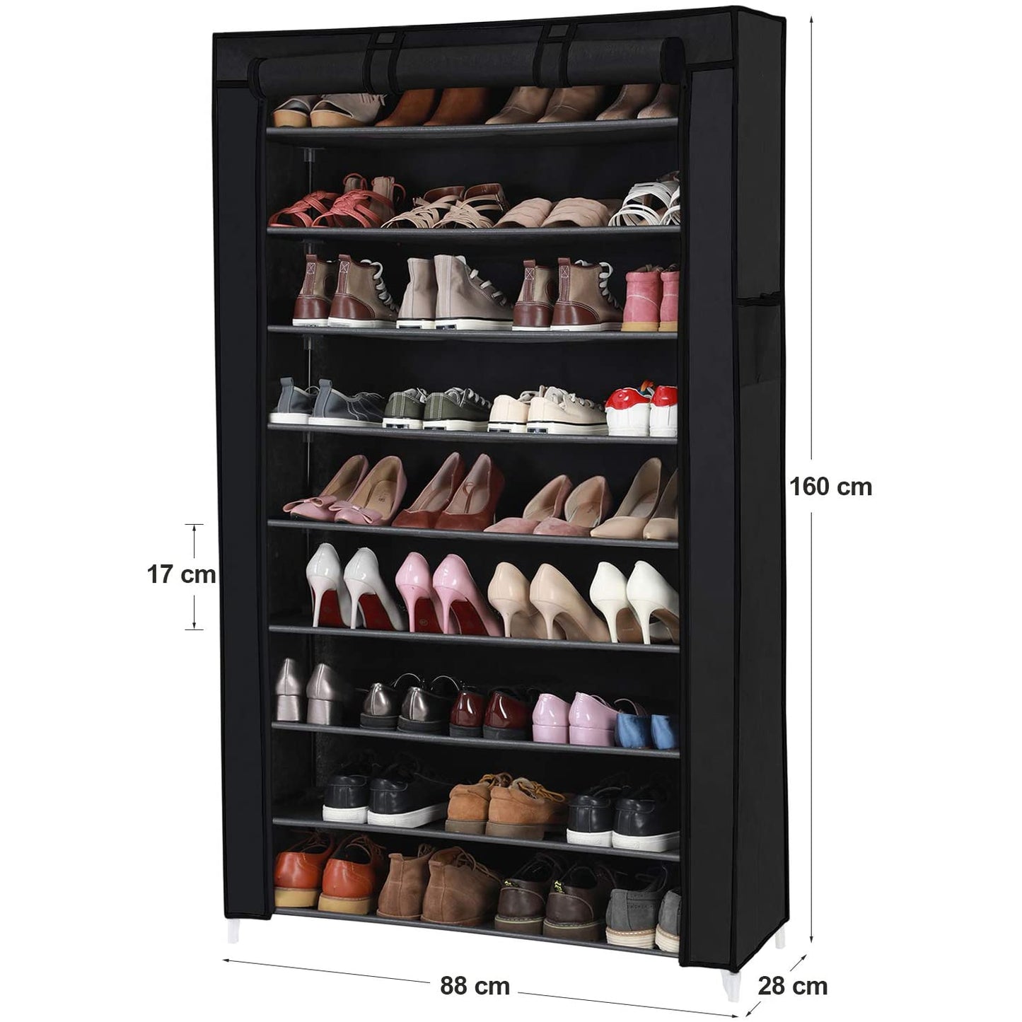 Nancy's Calhoun Shoe Rack - Shoe Cabinet - 10 Levels - Fabric - 40 Pairs of Shoes - Black - 88 x 28 x 160 cm