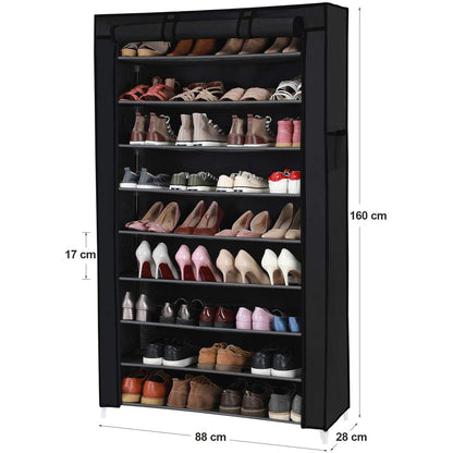 Nancy's Calhoun Schoenenrek - Schoenenkast - 10 Niveaus - Stof - 40 Paar Schoenen - Zwart - 88 x 28 x 160 cm