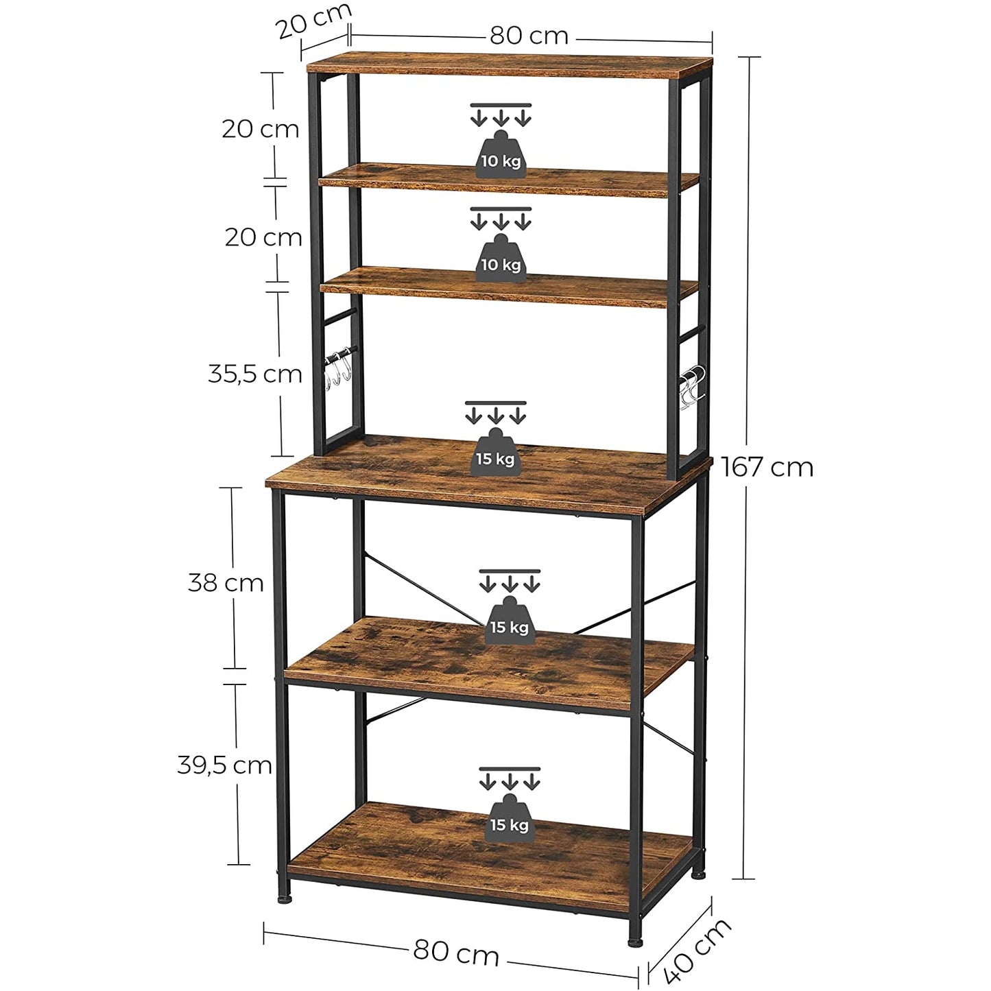 Nancy's Berthoud Keukenkast - Keukenrek - 6 Haken - Metaal - Industrieel - Bruin - Zwart - 80 x 40 x 167 cm