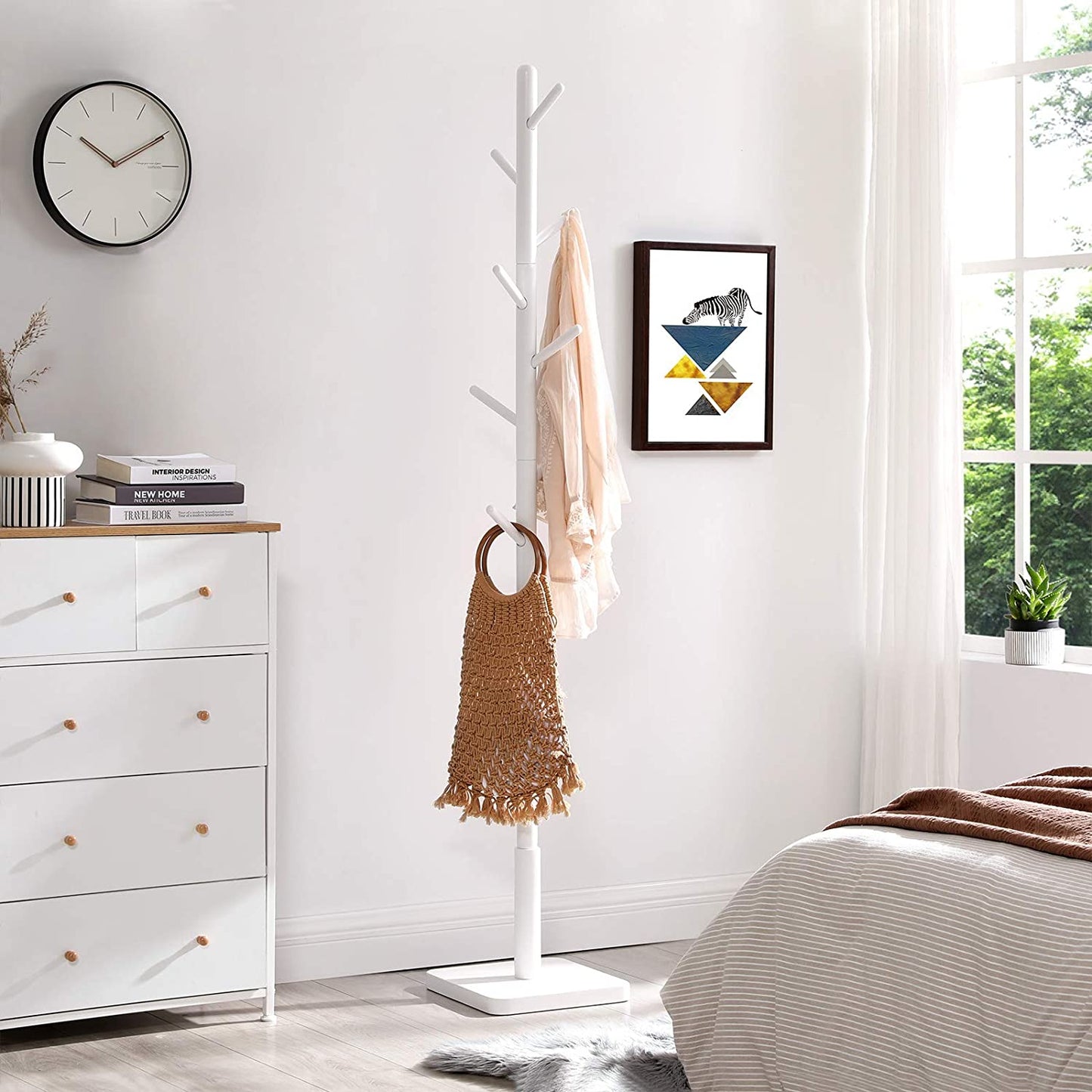 Nancy's Caxton Staande Kapstok - Kledingrek - Garderobe - 8 Haken - Wit - Rubberhout