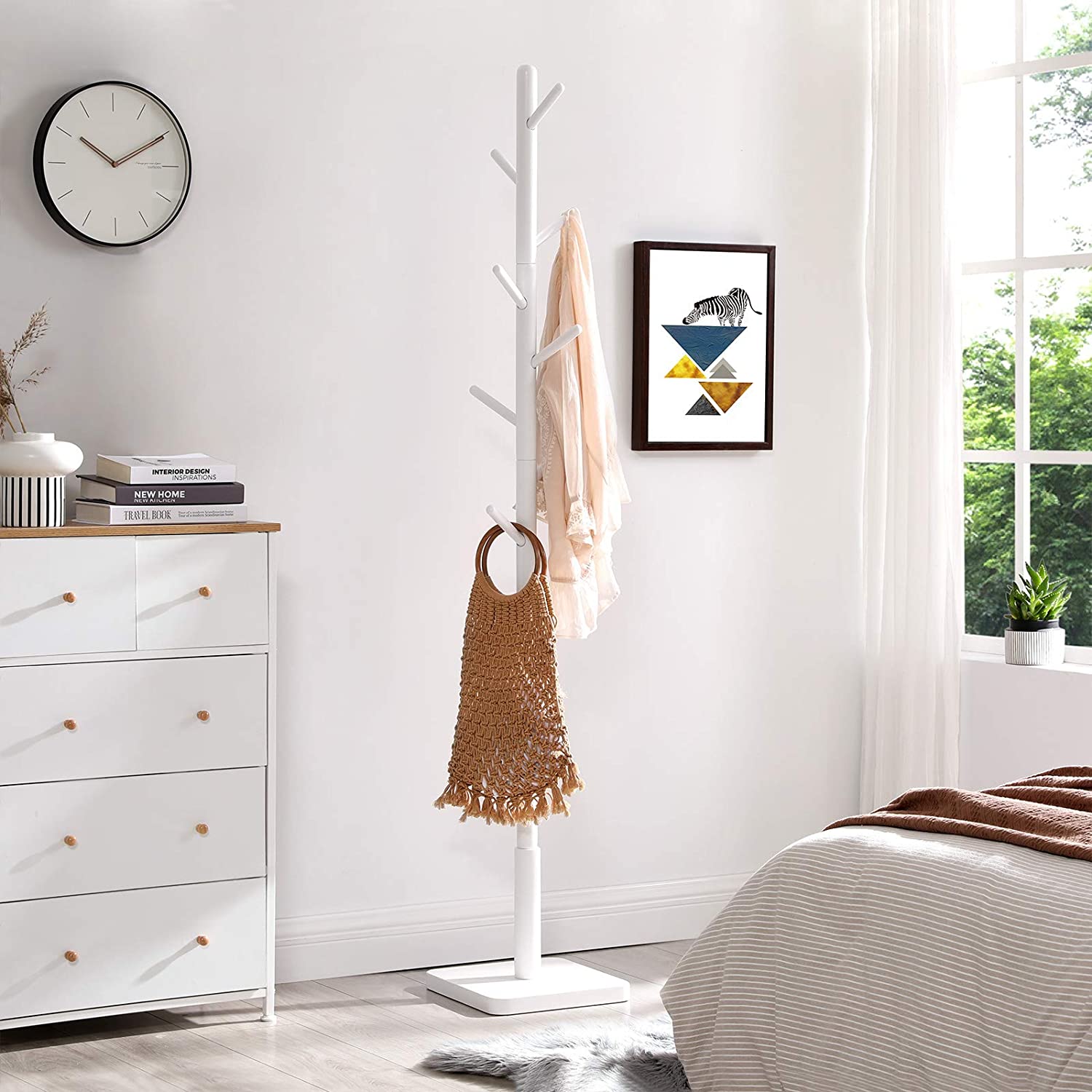Nancy's Caxton Staande Kapstok - Kledingrek - Garderobe - 8 Haken - Wit - Rubberhout