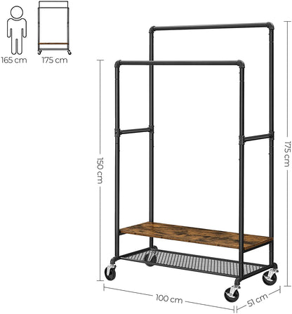 Nancy's Celebrite Kledingrek - 2 Stangen - Kapstok - Industrieel - Wieltjes - Bruin - Zwart - Bewerkt Hout - Metaal - 100 x 51 x 150/175 cm