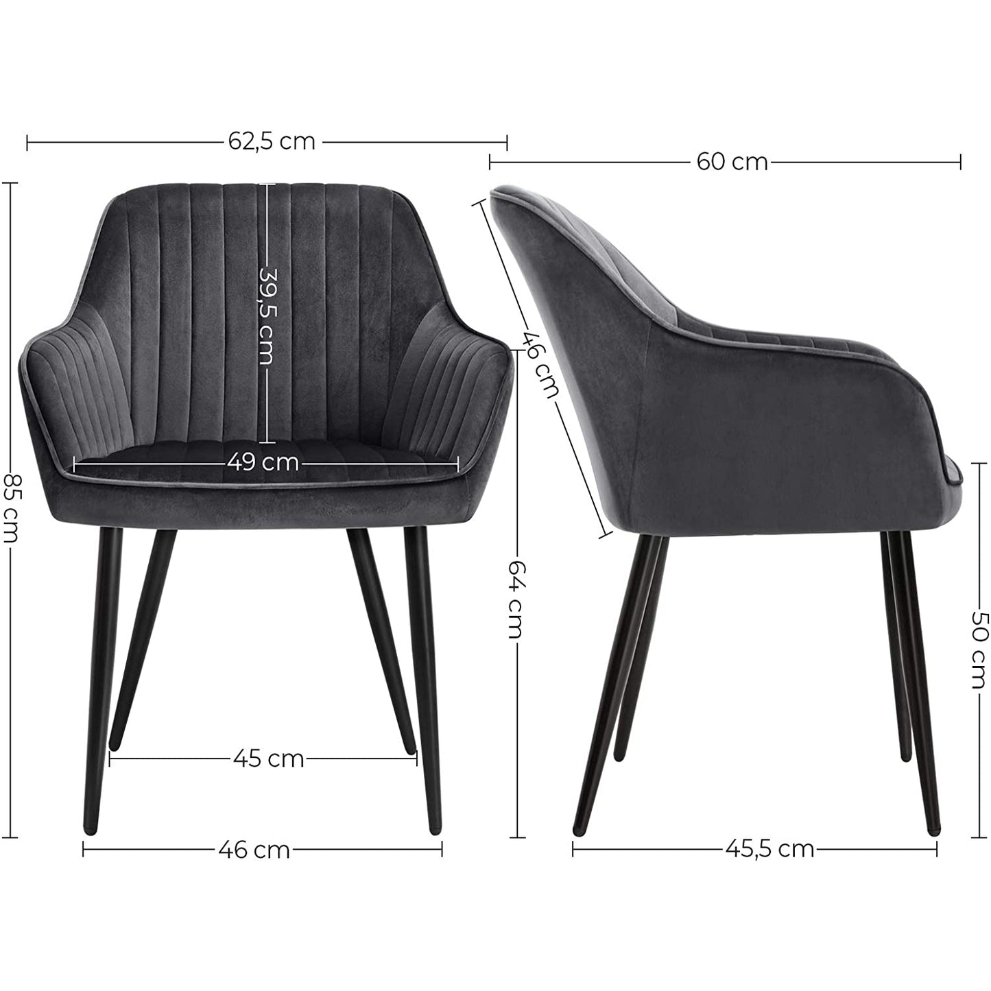 Nancy's Gapp Eetkamerstoel - Set Van 2 - Keukenstoel - Fauteuil - Gestoffeerd - Fluweel - Metaal - Grijs - 62,5 x 60 x 85 cm