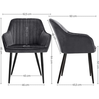 Nancy's Gapp Eetkamerstoel - Set Van 2 - Keukenstoel - Fauteuil - Gestoffeerd - Fluweel - Metaal - Grijs - 62,5 x 60 x 85 cm