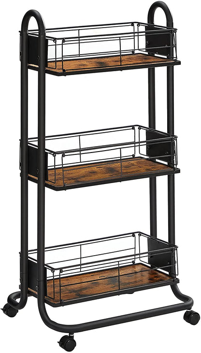 Nancy's Charters Keukentrolley - Keukenwagen - Op Wieltjes - 3 Niveaus - 360° Draaibaar - Bruin - Zwart - Bewerkt Hout - Metaal - 42,5 x 35 x 83 cm