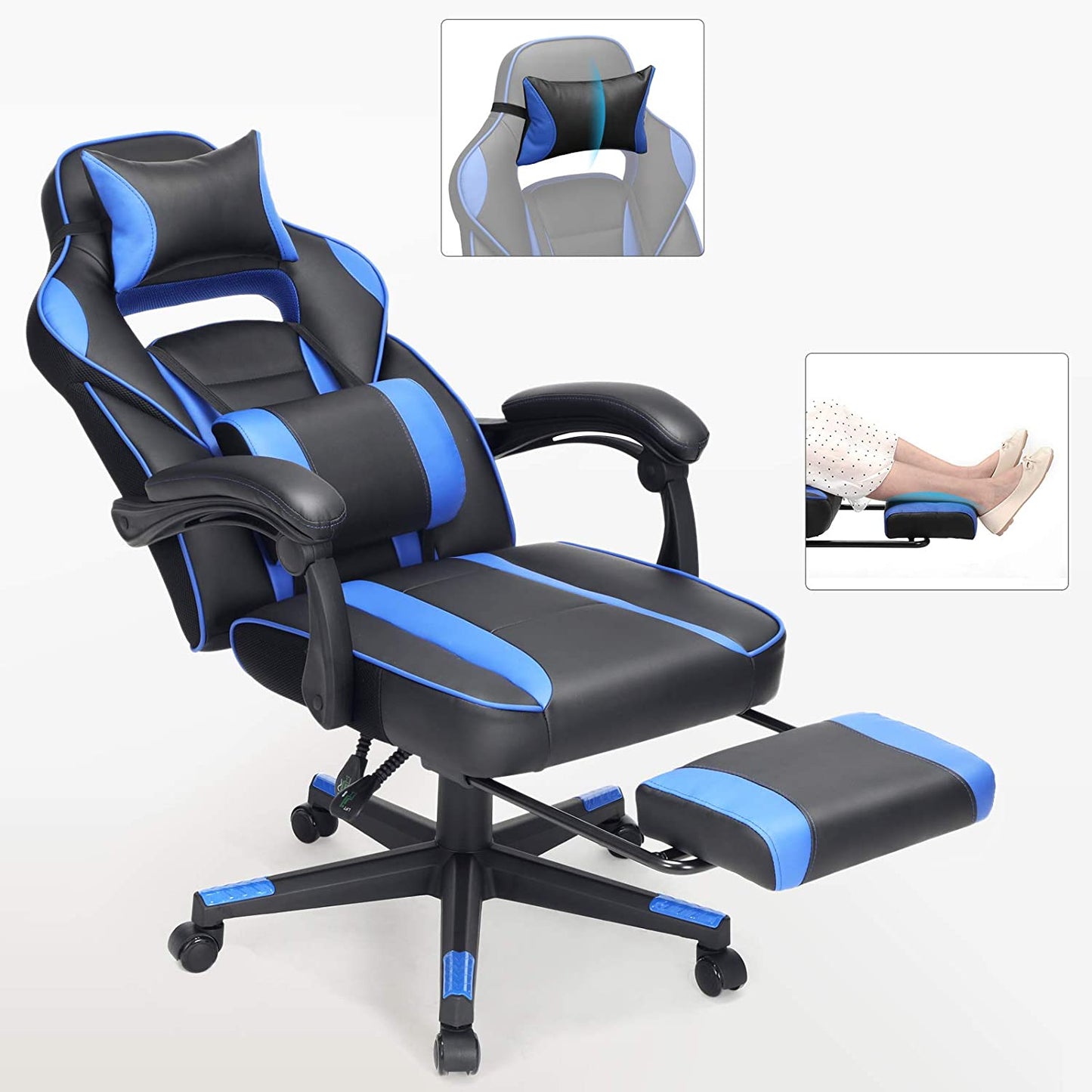 Nancy's Hayburn Office chair - Swivel chair - Faux leather - Footrest - Headrest - Lumbar cushion - Height adjustable - Ergonomic - Black - Blue - 67 x 66 x (116-126) cm 
